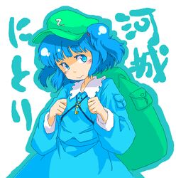  3: aqua_eyes backpack bag blue_eyes blue_hair blush_stickers character_name colored_eyelashes female flat_cap green_hat hat kawashiro_nitori key looking_at_viewer oekaki pocket roku_(warrock) solo touhou translation_request two_side_up 