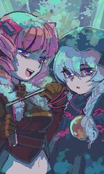  2girls ame_yamori blue_hair blunt_bangs brown_gloves curse_maker curse_maker_2 dark_hunter dark_hunter_4 drill_hair evil_smile gloves holding jaggy_lines looking_at_viewer lowres multiple_girls naughty_face oekaki pink_eyes pink_hair sekaiju_no_meikyuu sekaiju_no_meikyuu_1 shaded_face smile twin_drills you_gonna_get_raped 