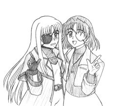  2girls artist_request bodysuit cinque_(nanoha) coat eyepatch gloves greyscale jewelry laguna_granscenic lyrical_nanoha mahou_shoujo_lyrical_nanoha_strikers monochrome multiple_girls necklace numbers&#039;_uniform numbers_(nanoha) sketch 