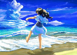  barefoot beach black_hair bottle cloud day female from_behind full_body long_hair myu_(neorosi) ocean original outdoors sky solo standing standing_on_one_leg wading water waves 