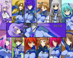  6+girls artist_request cinque_(nanoha) deed_(nanoha) dieci_(nanoha) due_(nanoha) eyepatch ginga_nakajima glasses lyrical_nanoha mahou_shoujo_lyrical_nanoha_strikers multiple_girls nove_(nanoha) numbers&#039;_uniform numbers_(nanoha) otto_(nanoha) quattro_(nanoha) sein_(nanoha) sette_(nanoha) tre_(nanoha) uno_(nanoha) wendi_(nanoha) 