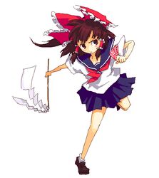  alternate_costume bow brown_eyes brown_hair female frilled_bow frilled_hair_tubes frills gohei hair_tubes hairbow hakurei_reimu looking_to_the_side oekaki ofuda red_bow roku_(warrock) school_uniform serafuku solo touhou 