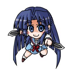  asakura_ryouko blue_eyes blue_hair blue_sailor_collar blue_skirt chibi chibi_only female half_updo kita_high_school_uniform knife long_hair raamen sailor_collar school_uniform serafuku skirt socks solo suzumiya_haruhi_no_yuuutsu white_socks winter_uniform 