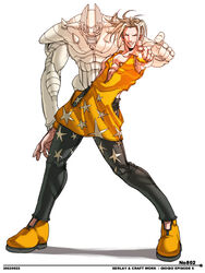  1boy blonde_hair falcoon jojo_no_kimyou_na_bouken kraftwerk_(stand) male_focus pants pointing sale_(jojo) shoes smile solo stand_(jojo) star_(symbol) vento_aureo 