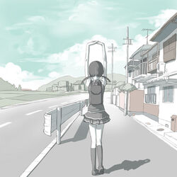  aerial air_conditioner arms_up backpack bag building cloud day female from_behind full_body guard_rail house kneehighs muted_color original outdoors pleated_skirt road shadow skirt sky socks solo stretching traffic_barrier transformer twintails uni_(plastic_girl) utility_pole vanishing_point 