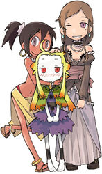  3girls :&lt; age_difference ahoge anklet barefoot black_hair blonde_hair blush brown_hair choker dark-skinned_female dark_skin dress earrings embarrassed frills gradient_hair grey_eyes grin hand_on_head hashimoto_shin hoop_earrings jewelry kupala_(sekaiju) leg_lift legs lolicon long_hair looking_at_viewer lowres midriff mole mole_under_eye mouth_hold multicolored_hair multiple_girls navel necklace one_eye_closed orange_hair pale_skin photoshop_(medium) ponytail purple_eyes red_eyes sakuya_(sekaiju) sandals sarong sash sekaiju_no_meikyuu sekaiju_no_meikyuu_1 shawl shilleka shoe_dangle short_hair sidelocks simple_background skirt smile standing standing_on_one_leg swept_bangs two-tone_hair yellow_sarong 