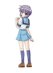  arm_at_side back blue_sailor_collar blue_skirt blue_socks brown_footwear closed_mouth female from_behind full_body kita_high_school_uniform kneehighs kneepits legs_apart looking_at_viewer looking_back miniskirt nagato_yuki purple_hair raamen red_ribbon ribbon sailor_collar school_uniform serafuku shoes short_hair short_sleeves simple_background skirt socks solo standing summer_uniform suzumiya_haruhi_no_yuuutsu white_background yellow_eyes 