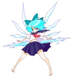  alternate_costume barefoot blue_bow blue_eyes blue_hair bow cirno female grin hairbow ice ice_wings looking_to_the_side midriff navel oekaki roku_(warrock) school_uniform serafuku short_hair smile solo touhou wings 