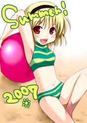  armpits ball beachball bikini blonde_hair female green_bikini hairband higurashi_no_naku_koro_ni houjou_satoko painttool_sai_(medium) red_eyes short_hair solo striped_bikini striped_clothes swimsuit tankini umiichi_kurage 