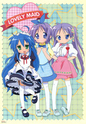  3girls :3 ahoge alternate_costume anna_miller apron aqua_footwear black_footwear blue_apron blue_bow blue_eyes blue_hair blue_neckwear blue_skirt bow bowtie center_frills enmaided frills garter_straps gingham gingham_apron green_eyes heart high-waist_skirt highres hiiragi_kagami hiiragi_tsukasa izumi_konata kobeya_uniform long_hair lucky_star maid maid_headdress mary_janes miniskirt mole mole_under_eye multiple_girls neck_ribbon newtype official_art photoshop_(medium) pigeon-toed pink_skirt purple_hair red_ribbon ribbon shirt shoes short_sleeves skirt sneakers standing standing_on_one_leg suspender_skirt suspenders thighhighs twintails waitress white_legwear white_shirt yamada_naoko zettai_ryouiki 