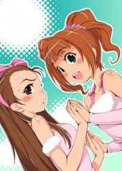  2girls :d armlet blush brown_eyes brown_hair cute_&amp;_girly_(idolmaster) halftone halftone_background holding_hands idolmaster idolmaster_(classic) idolmaster_1 minase_iori multiple_girls open_mouth ponytail round_teeth seki_suzume sleeveless smile takatsuki_yayoi teeth twintails upper_body 