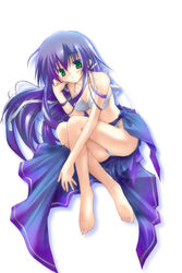  bare_shoulders barefoot bikini blue_sarong female green_eyes it long_hair original purple_hair sarong shion_(kawasemi) simple_background solo swimsuit white_background white_bikini 