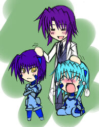  1boy 2girls :o artist_request blue_bodysuit blush bodysuit closed_eyes crossed_arms green_background headpat jail_scaglietti lab_coat looking_at_viewer lowres lyrical_nanoha mahou_shoujo_lyrical_nanoha_strikers multiple_girls necktie nose_blush numbers&#039;_uniform numbers_(nanoha) open_mouth photoshop_(medium) purple_hair sein_(nanoha) short_hair simple_background skin_tight standing tre_(nanoha) yellow_eyes 