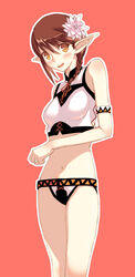  adventurer_(ff11) armband blush braid breasts brown_hair cowboy_shot crop_top elf elvaan female final_fantasy final_fantasy_xi flower hair_flower hair_ornament looking_at_viewer midriff navel open_mouth panties pointy_ears red_background short_hair side_braid simple_background small_breasts solo underwear yellow_eyes zama_masaaki 