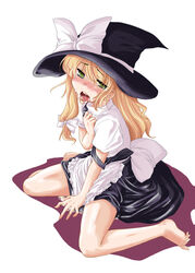  barefoot blonde_hair blush female hands hat kirisame_marisa mikage_baku photoshop_(medium) saliva sitting solo sweat tears touhou wariza witch_hat 