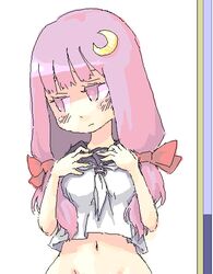  bow crescent crescent_hair_ornament crop_top fake_scrollbar female hair_ornament long_hair looking_away looking_to_the_side midriff navel oekaki out-of-frame_censoring pale_color patchouli_knowledge purple_eyes purple_hair red_bow roku_(warrock) solo touhou 