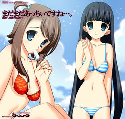  2girls bikini black_hair blue_eyes brown_hair day food itou_ben long_hair multiple_girls original outdoors popsicle swimsuit very_long_hair 