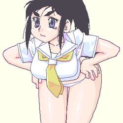  ascot black_hair breasts closed_mouth female hands_on_own_hips large_breasts lowres matagitii necktie no_pants oekaki original panties ponytail purple_eyes shirt solo source_request tenken-chan thick_eyebrows underwear white_shirt yellow_ascot 