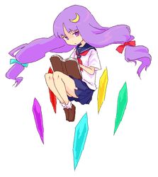  alternate_costume blue_bow book bow crescent crescent_hair_ornament crystal female hair_ornament hairbow holding holding_book long_hair looking_at_viewer no_headwear patchouli_knowledge pink_bow purple_eyes purple_hair red_bow roku_(warrock) school_uniform serafuku solo touhou very_long_hair 