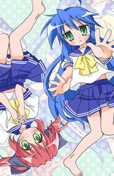  2girls ahoge blue_hair blue_skirt bow bowtie from_above green_eyes izumi_konata kobayakawa_yutaka long_hair looking_at_viewer lucky_star mole mole_under_eye multiple_girls nekono_osero pleated_skirt red_hair ryouou_school_uniform sailor_collar school_uniform serafuku skirt very_long_hair yellow_bow yellow_bowtie 