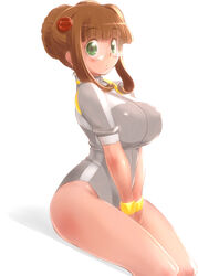  breasts brown_hair covered_nipples doughnut_hair_bun female fujisawa_yayoi_(uchuu_no_stellvia) glasses green_eyes hair_bun large_breasts seki_suzume sitting solo uchuu_no_stellvia 