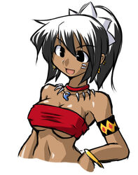  :d armband bandeau bangle bare_shoulders black_eyes black_hair bracelet breasts cropped_torso dark-skinned_female dark_skin ear_piercing earrings female hoop_earrings jewelry large_breasts megatama midriff multicolored_hair navel neck_ring necklace open_mouth piercing ponytail red_bandeau sekaiju_no_meikyuu sekaiju_no_meikyuu_1 shilleka simple_background smile solo source_request strapless swimsuit tooth_necklace tribal two-tone_hair underboob white_background white_hair 