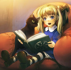  :d alice_(odin_sphere) black_cat blonde_hair blue_eyes book bow chair feline female hairbow odin_sphere open_book open_mouth pantyhose reading ribbon simosi sitting smile socrates_(odin_sphere) solo striped_clothes striped_pantyhose twintails 