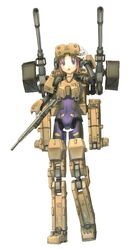  :d blush brown_eyes brown_hair busou_shinki cannon commentary_request female fort_bragg full_body looking_at_viewer machinery mecha_musume mechanical_arms mechanical_legs open_mouth sabamu simple_background smile solo standing turret white_background 