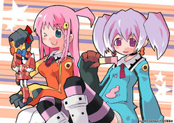  2girls ahoge blue_eyes braid breasts commentary_request copyright_notice cross-shaped_pupils food kuma_jet medium_breasts multiple_girls nono_(top_wo_nerae_2!) official_art one_eye_closed popsicle purple_hair quatre_vingt-sept smile striped_clothes striped_thighhighs symbol-shaped_pupils thighhighs top_wo_nerae_2! twintails tycho_science watermark 