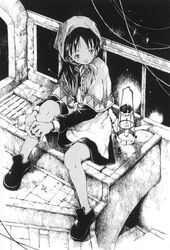  copyright_request female greyscale highres lantern miura_yasuto monochrome sitting solo 