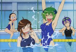  2000s_(style) 4girls :d ;d ^_^ absurdres ahoge arm_support armpits arms_up barefoot black_hair blue_eyes blue_hair blush breasts brown_eyes brown_hair chain-link_fence closed_eyes competition_swimsuit day feet fence frown goggles goggles_on_head hair_bun hair_ornament hairclip head_tilt highres ikuta_maki jumping kenkou_zenrakei_suieibu_umishou lane_line large_breasts leaning_forward megami_magazine multiple_girls navel ninagawa_amuro nishino_rei no_bangs official_art one-piece_swimsuit one_eye_closed open_mouth orizuka_momoko outdoors photoshop_(medium) scan shizuoka_mirei short_hair single_hair_bun sitting skin_tight smile soaking_feet splashing swept_bangs swimsuit upper_body wading water wince window x_hair_ornament 