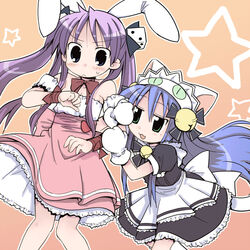  2girls cosplay crossover dejiko dejiko_(cosplay) di_gi_charat dice_hair_ornament hair_ornament hiiragi_kagami izumi_konata long_hair lucky_star mole mole_under_eye multiple_girls saxyun usada_hikaru usada_hikaru_(cosplay) 