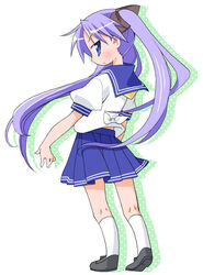  blue_eyes female hiiragi_kagami long_hair lucky_star nekono_osero purple_hair ryouou_school_uniform school_uniform serafuku solo twintails white_legwear 