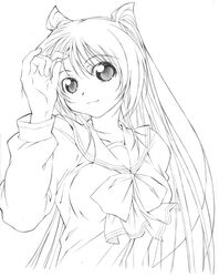  female greyscale hands kousaka_tamaki line_art long_hair looking_at_viewer monochrome smile solo to_heart_(series) to_heart_2 upper_body yamaguchi_homupe 