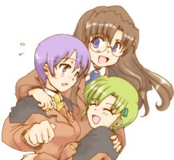  3girls alto_krauetta artist_request blue_eyes brown_hair glasses green_hair hug lowres lucino_liilie lyrical_nanoha mahou_shoujo_lyrical_nanoha_strikers military military_uniform multiple_girls necktie purple_hair shario_finieno tsab_ground_military_uniform uniform 