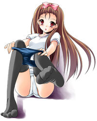  brown_hair buruma buruma_pull cameltoe clothes_pull feet female foreshortening gym_uniform idolmaster idolmaster_(classic) idolmaster_1 kamiya_tomoe legs long_hair minase_iori no_shoes panties pulling_own_clothes ribbon solo thighhighs toe_scrunch toes underwear undressing unworn_buruma white_panties 