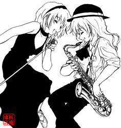  2girls aka_ringo alice_margatroid alternate_costume contemporary greyscale hat instrument kirisame_marisa microphone microphone_stand monochrome multiple_girls music saxophone sleeves_rolled_up tenor_saxophone touhou 