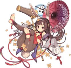  ahoge animal_ears ass azur_lane barefoot black_legwear braid breasts brown_hair cleavage_cutout clothing_cutout eyebrows eyelashes fake_animal_ears fake_tail feet female floating_hair flower full_body full_moon fur_trim hairband kine kinjo_kuromomo leotard long_hair machinery mallet moon official_alternate_costume official_art oil-paper_umbrella panda ping_hai_(azur_lane) ping_hai_(osmanthus_moon_rabbit)_(azur_lane) pink_eyes red_leotard small_breasts soles solo tachi-e tail toeless_legwear toes transparent_background turret umbrella white_hairband 