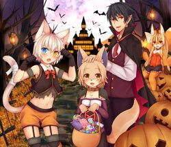  2boys 2girls animal_ears bat_(animal) black_gloves blonde_hair blue_eyes blush borrowed_character candy cape cat_boy cat_ears cat_tail character_request commentary_request crop_top fangs food fox_ears fox_girl full_moon furry furry_female garter_straps gloves halloween heterochromia holding jack-o&#039;-lantern kida_kuro_mu koko_(kishibe) leonor_(kida_kuro_mu) long_hair looking_at_viewer md5_mismatch moon multiple_boys multiple_girls navel open_mouth original otoko_no_ko partial_commentary pointy_ears red_eyes shiro_(kida_kuro_mu) short_hair slit_pupils tail tree white_hair yellow_eyes 