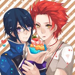  blue_hair food fruit kagerou_project munakata_reisi red_hair short_hair strawberry suoh_mikoto 