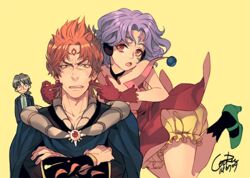  2boys ai_tenshi_densetsu_wedding_peach amano_takuro anger_vein annoyed bloomers choker commentary_request cooru crossed_arms facial_mark female forehead_mark gloves igneous multiple_boys orange_hair potamos purple_hair red_eyes red_gloves simple_background underwear yellow_background 