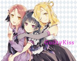  3girls argyle_background black_hair blonde_hair blush braid check_commentary checkered_background choker clenched_hand commentary_request crown_braid duplicate elbow_gloves frills girl_sandwich gloves grin group_hug group_name guilty_kiss_(love_live!) hair_bun hair_ornament hair_rings hand_on_another&#039;s_head hug hug_from_behind long_hair long_sleeves looking_at_viewer love_live! love_live!_sunshine!! multiple_girls nakayama_miyuki ohara_mari one_eye_closed open_mouth pixel-perfect_duplicate puffy_short_sleeves puffy_sleeves red_eyes sakurauchi_riko sandwiched short_sleeves single_side_bun skirt sleeveless smile strawberry_trapper tsushima_yoshiko yellow_eyes 