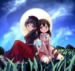  2girls bad_id bad_twitter_id between_legs black_hair blue_eyes braid bright_pupils commentary_request cosplay full_moon hand_between_legs hat houraisan_kaguya houraisan_kaguya_(cosplay) long_hair long_sleeves love_live! love_live!_school_idol_project moon multiple_girls night night_sky purple_hair red_eyes shipii_(jigglypuff) short_sleeves side-by-side sitting sky star_(sky) starry_sky tojo_nozomi touhou v_arms wariza yagokoro_eirin yagokoro_eirin_(cosplay) yazawa_nico 