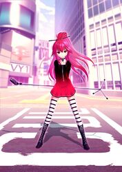  boots building city commentary_request cul cul_(vocalo_revolution) dress female long_hair microphone microphone_stand photoshop_(medium) ponytail red_eyes red_hair solo striped_clothes striped_thighhighs thighhighs vocalo_revolution vocaloid yonasawa 