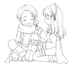  1boy :d :t atelier_(series) atelier_elie boots cheek_bulge closed_eyes commentary_request eisel_weimar feeding female fuuka_(fukasheu) greyscale headdress holding line_art long_hair long_sleeves monochrome nordis_fuba open_mouth plate profile puni_(atelier) short_hair sitting smile |_| 