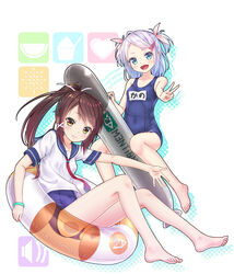  2girls :d absurdres aged_down bangle bare_legs barefoot blue_eyes blue_hair blue_one-piece_swimsuit blush bracelet brown_hair collarbone commentary_request competition_school_swimsuit cosplay covered_navel english_text full_body gotou_hisashi hair_ornament hairclip halftone halftone_background highres i-168_(kancolle) i-168_(kancolle)_(cosplay) i-19_(kancolle) i-19_(kancolle)_(cosplay) inflatable_torpedo inflatable_toy jewelry kantai_collection multiple_girls name_tag neckerchief one-piece_swimsuit open_mouth outstretched_arm ponytail red_neckerchief school_swimsuit school_uniform serafuku shirt short_hair short_sleeves sidelocks sitting smile swept_bangs swimsuit swimsuit_under_clothes tareme transparent two_side_up v white_shirt x_hair_ornament yellow_eyes 