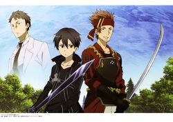  3boys absurdres armor bandana black_eyes black_hair breastplate brown_eyes brown_hair elucidator gauntlets headband highres holding holding_sword holding_weapon karakurenai_(sao) katana kayaba_akihiko kirito klein_(sao) male_focus multiple_boys official_art okuda_yousuke outdoors red_headband sword sword_art_online unsheathed weapon 