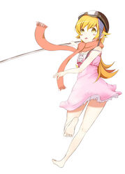  artistic_error bakemonogatari barefoot blonde_hair blush_stickers commentary_request d: female kokorowatari long_hair monogatari_(series) oerba_yun_fang ootachi open_mouth oshino_shinobu peanuts_(ennuim) scarf solo sword weapon yellow_eyes 