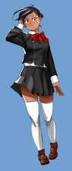  black_hair dark_skin female full_body hair_ornament hairclip highres lips loafers nishiwaki_yuuko persona persona_3 pleated_skirt pomki red_eyes school_uniform shoes short_hair skirt small_breasts solo thighhighs white_legwear zettai_ryouiki 