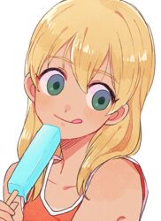  1boy :p blonde_hair blush commentary_request food green_eyes inazuma_eleven inazuma_eleven_(series) long_hair male_focus miyasaka_ryou otoko_no_ko pikara popsicle raimon_track_uniform simple_background solo tank_top tongue tongue_out white_background 